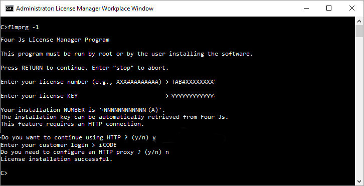 Installation of license number and license key using the License Manager flmprg -l command and taking the option to automatically register the license over the internet
