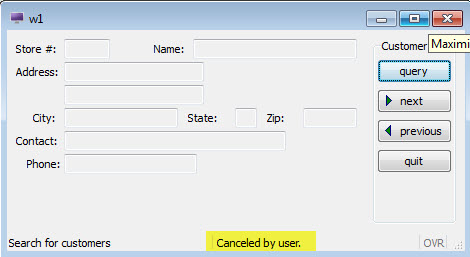 This figure is a screenshot that shows proper handling of a user cancel action or interrupt. The user has selected the predefined Cancel action while performing a query-by-example and has been returned to the main menu.