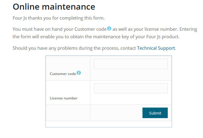 The image shows the Online maintenance form on the License your products page on the Four Js web site at www.4js.com.