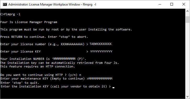 Image shows a screenshot of the installation of a license with the License Manager flmprg -l command