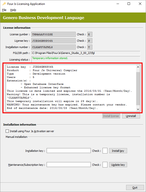 Image shows the Genero BDL Licenser screen displaying licensing status highlighted