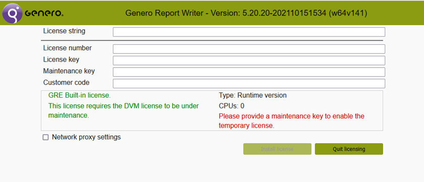 Image shows Genero user interface for licensing your Genero Report Engine.