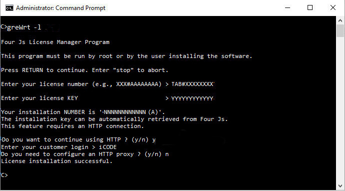 Image shows installation of license using the greWrt command and taking the option for automatic registration of license over the internet