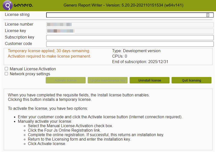 Image shows the Genero Report Engine for Java Licenser screen. The information displayed shows that no license is installed.