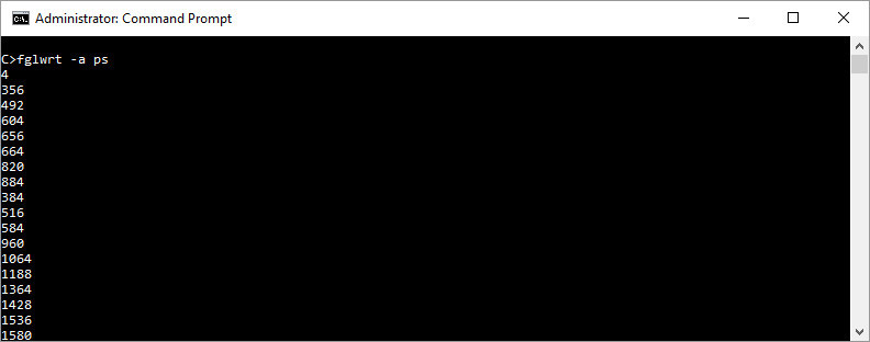 Image shows list of process ids currently running on a machine where the fglWrt -a ps command is executed