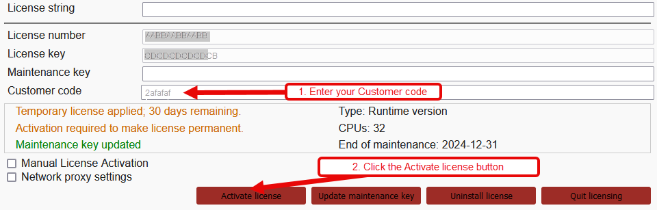 Image shows the licenser with the customer code entered and the Activate license key highlighted