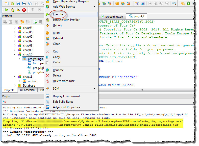 This figure is a screenshot that shows how Genero Studio will compile String Source files when the Execute option is selected.