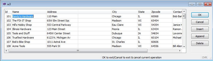 This figure is a screenshot of the custallform used with an INPUT ARRAY statement in Chapter 8 to allow users to insert, update and delete customer records.