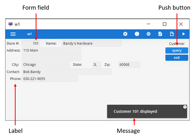 This figure shows a form with form fields, push buttons, labels and a displayed message.