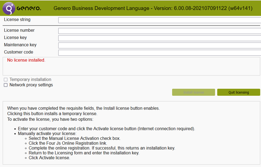 Genero user interface for licensing your product and checking license status. The information displayed shows that no license is installed.