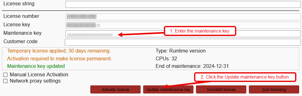 Image shows the user interface with the maintenance/subscription key entered