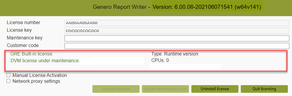 Image shows a screenshot of the Genero Report Engine Licenser screen. The license status displayed shows the Genero Report Engine is licensed under the maintenance from the Genero BDL license.