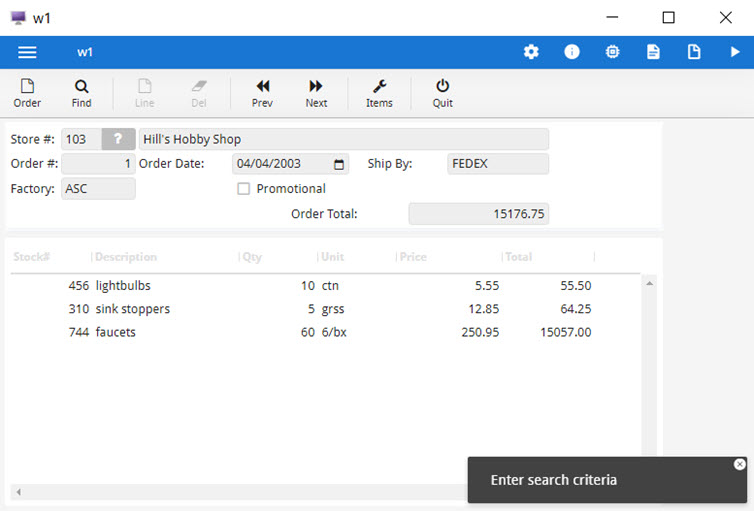 This figure is a screenshot of the orderform form, a master-detail form that displays information from multiple tables in the custdemo database.