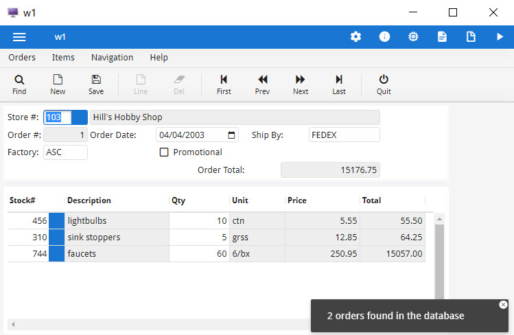 This figure is a screenshot of a Master/Detail form showing data from the orders and items tables in the custdemo database.