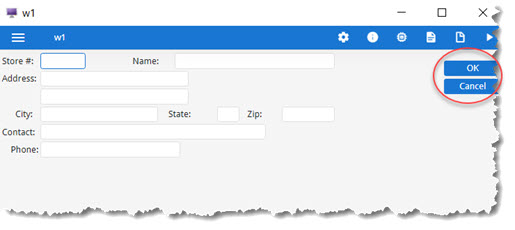 This figure is a screenshot showing the default action views (buttons) for the predefined actions accept and cancel in the custform form displayed during query-by-example in chapter 4.