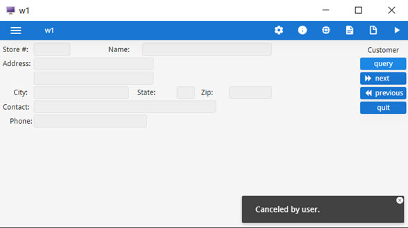 This figure is a screenshot that shows proper handling of a user cancel action or interrupt. The user has selected the predefined Cancel action while performing a query-by-example and has been returned to the main menu.