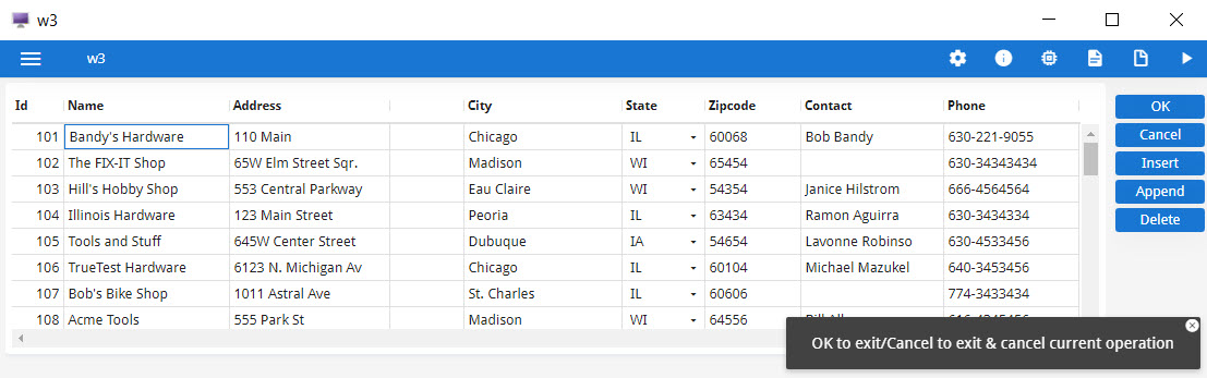 This figure is a screenshot of the custallform used with an INPUT ARRAY statement in Chapter 8 to allow users to insert, update and delete customer records.