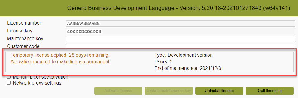 Image shows the Genero BDL Licenser screen with licensing status highlighted