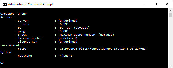 Image shows environment settings displayed by the fglWrt -a env command