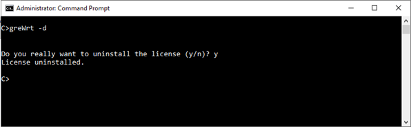 Image shows use of the greWrt -d command to delete an installed license.