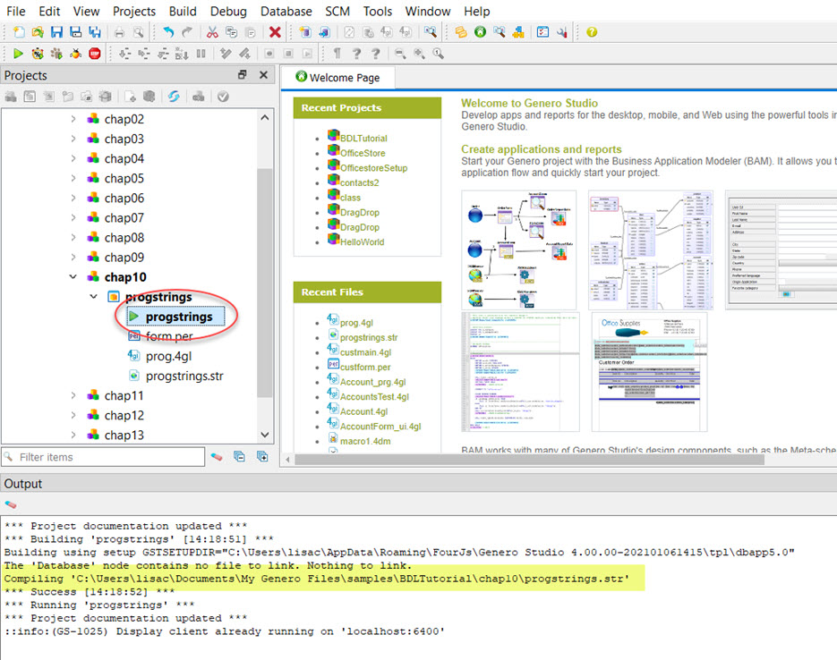 This figure is a screenshot that shows how Genero Studio will compile String Source files when the Execute option is selected.