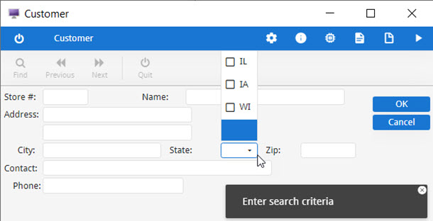 This figure is a screenshot showing a combobox used to display a dropdown list of valid states.