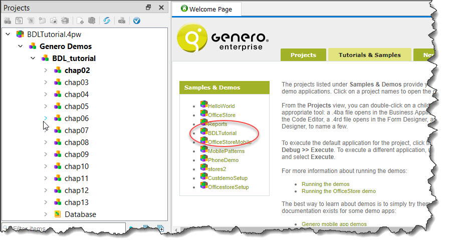 This figure is a screenshot demonstrating how to open the BDLTutorial project in Genero Studio by selecting it from the list in the Tutorials & Samples tab of the Welcome Page.