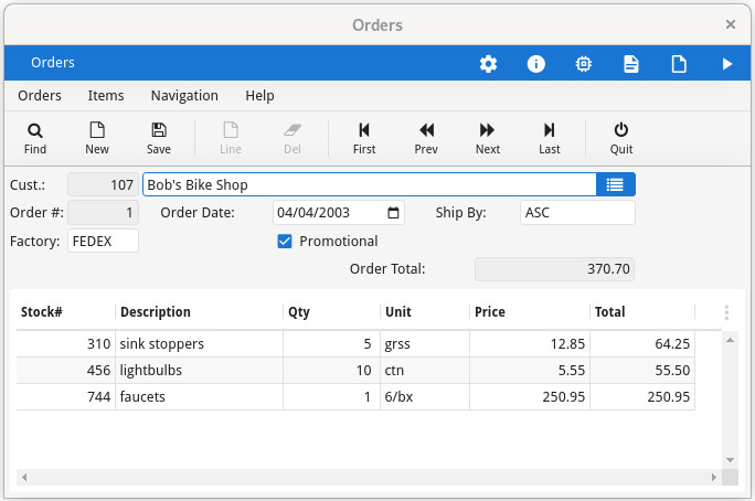 This figure is a screenshot of a Master/Detail form showing data from the orders and items tables in the custdemo database.