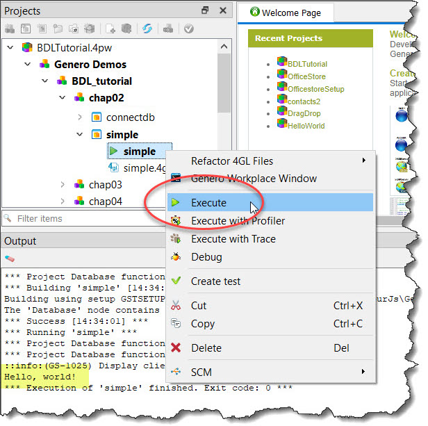 This figure shows the Execute option used to compile, link and run the simple application. The program output, "Hello, world!", displays in the Output view.