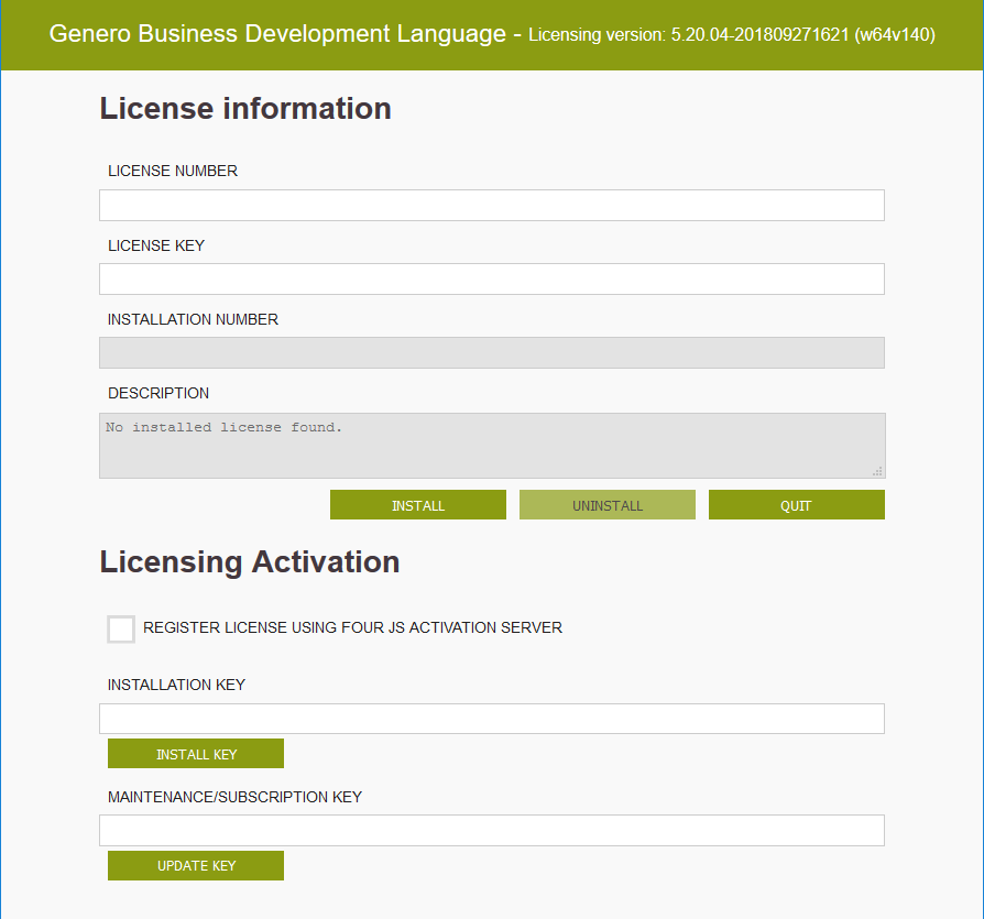 Image shows the Genero user interface for licensing your product and checking license status. The information displayed shows that no license is installed.
