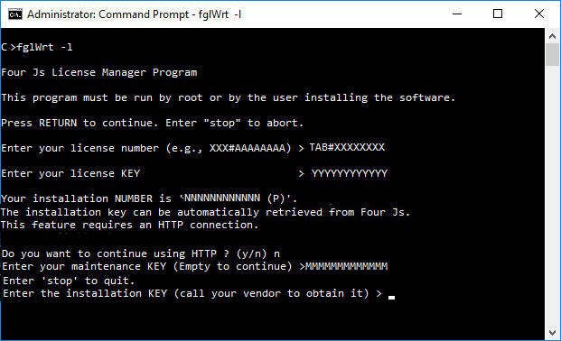 Screenshot of installation of license using the fglWrt -l command, output explains how to get the installation key and complete licensing.