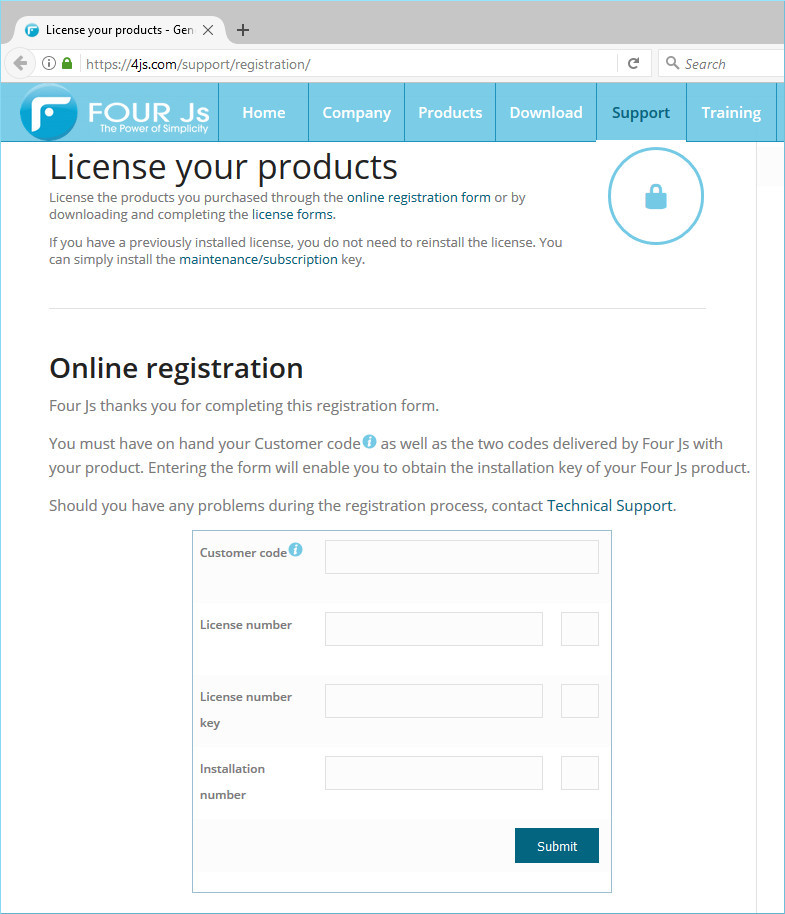 The image shows the Online registration form on the License your products page on the Four Js web site at www.4js.com.