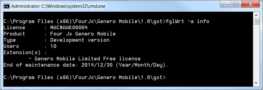 Screen capture of output of fglWrt command, showing the results stating "Genero Mobile Limited Free license".