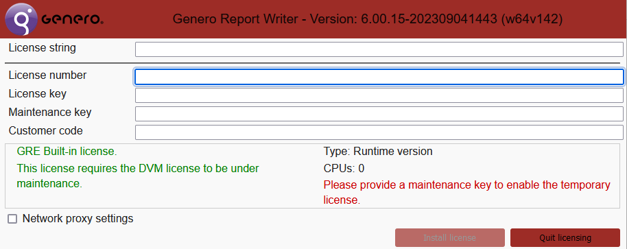 Image shows the Genero Report Engine licensing screen. The information displayed shows that no license is installed.