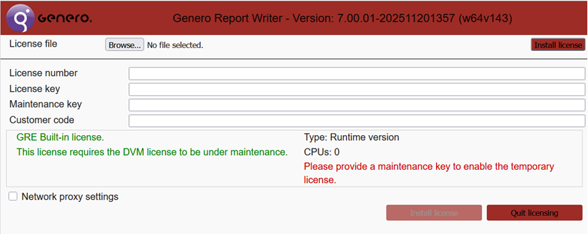 Image shows Genero user interface for licensing your Genero Report Engine.