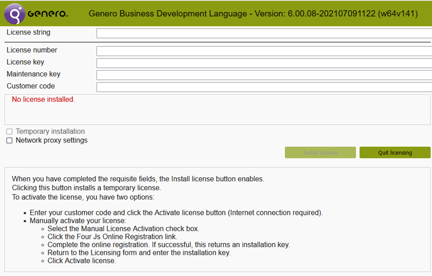 Image shows the Genero user interface for licensing your product and checking license status. The information displayed shows that no license is installed.