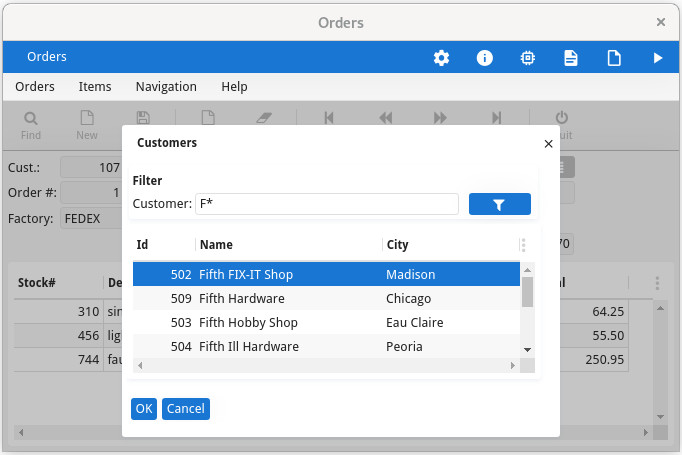 This figure is a screenshot of a customer list form showing data from the customer table in the custdemo database.