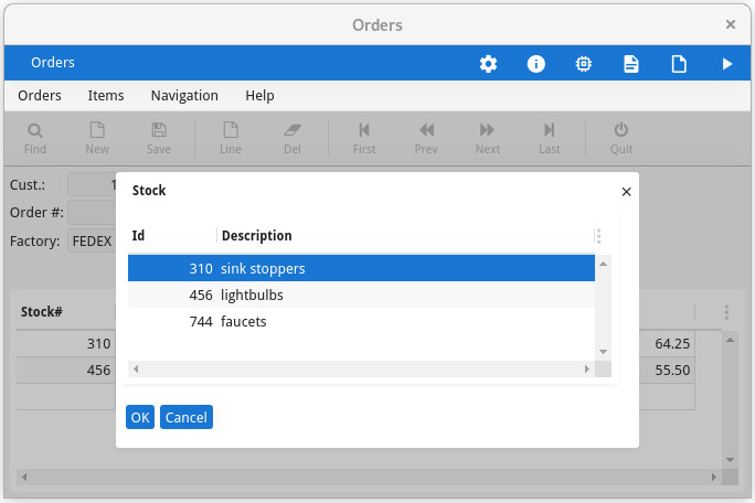 This figure is a screenshot of a stock item list form showing data from the stock table in the custdemo database.