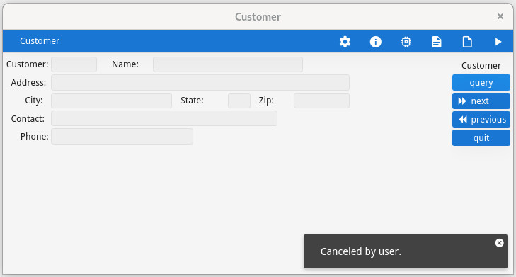 This figure is a screenshot that shows proper handling of a user cancel action or interrupt. The user has selected the predefined Cancel action while performing a query-by-example and has been returned to the main menu.