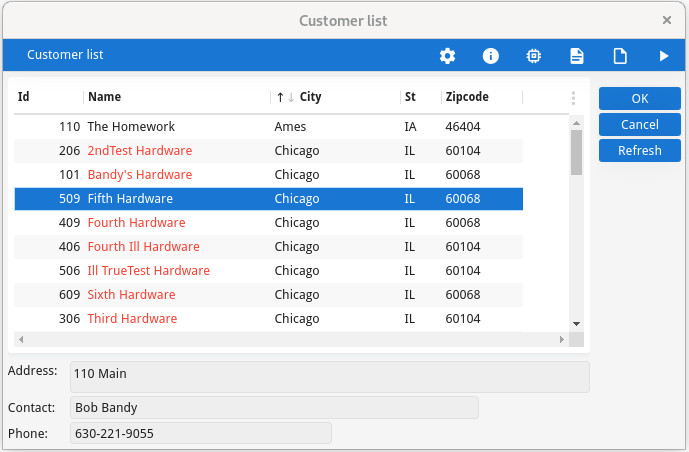 This figure is a screenshot showing data from the customer table displayed as a sortable list using the DISPLAY ARRAY statement.