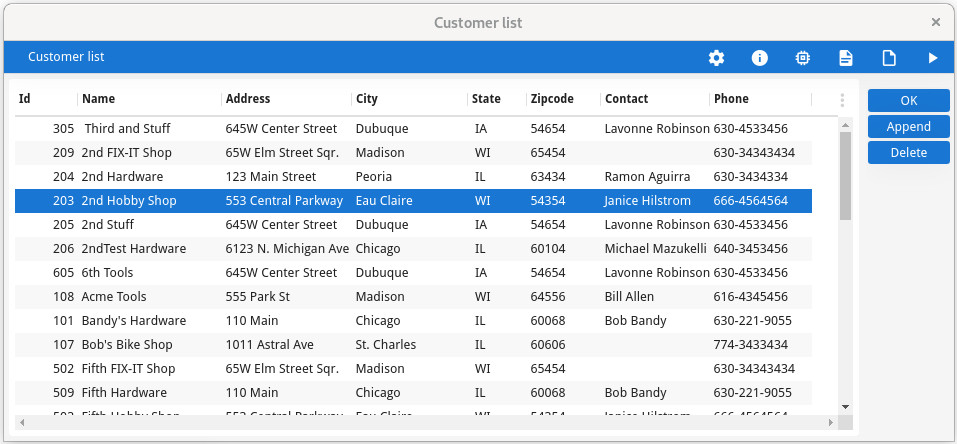 This figure is a screenshot of the custallform used with an INPUT ARRAY statement in Chapter 8 to allow users to insert, update and delete customer records.