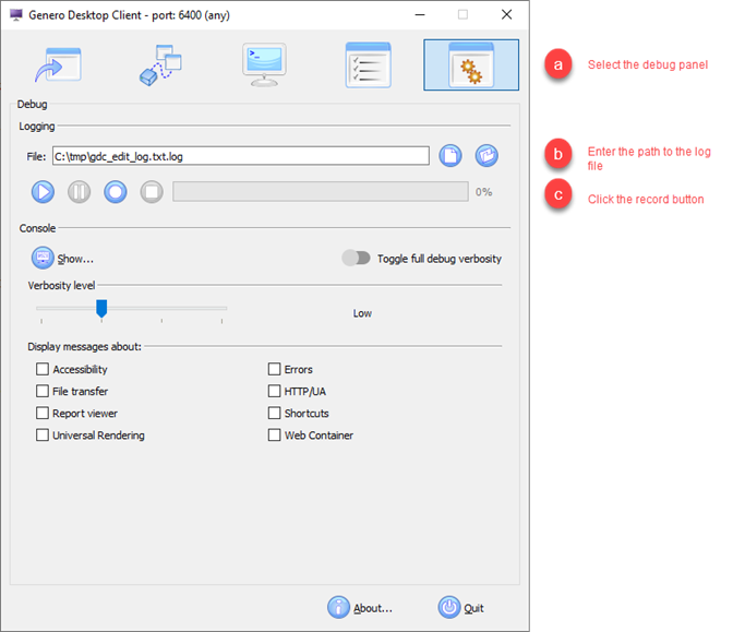 Genero Desktop Client Debug panel showing how to record a log file