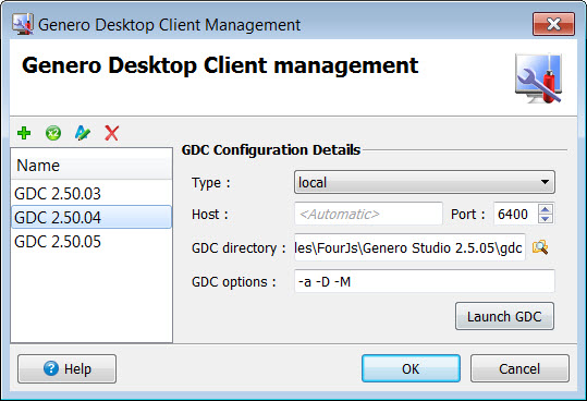This figure is a screenshot of the Genero Desktop Client configuration management dialog.