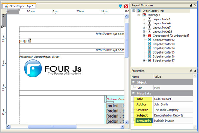 This figure is a screenshot showing the report design metadata. See the surrounding text for more information about report design metadata.