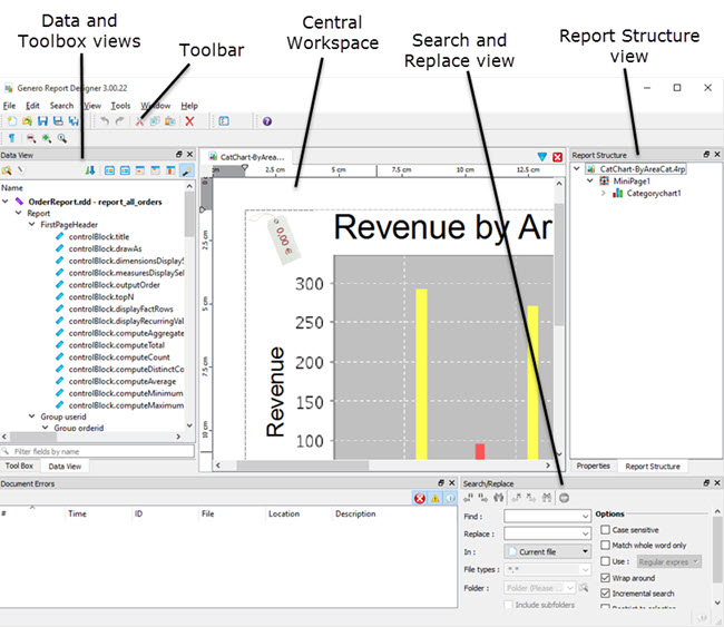 Screenshot of Genero Report Designer with parts of the framework identified.