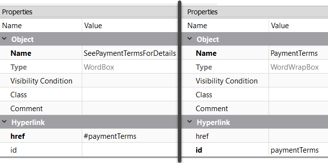 This figure shows the Properties for a Word Box called SeePaymentTermsForDetails and a Word Wrap Box called PaymentTerms.