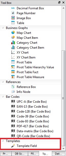 Screen shot of the tool box view displaying the new Templates Field element.