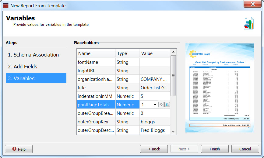 Screen shot of Variables page in New Report From Template wizard.
