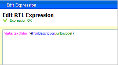 The figure shows a method of populating HTML content from text variables using the RTL Expression: "data:text/html,"+htmldescription.urlEncode().