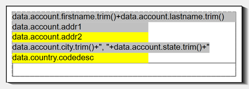 The address label in the report with four Word Boxes containing the fields.